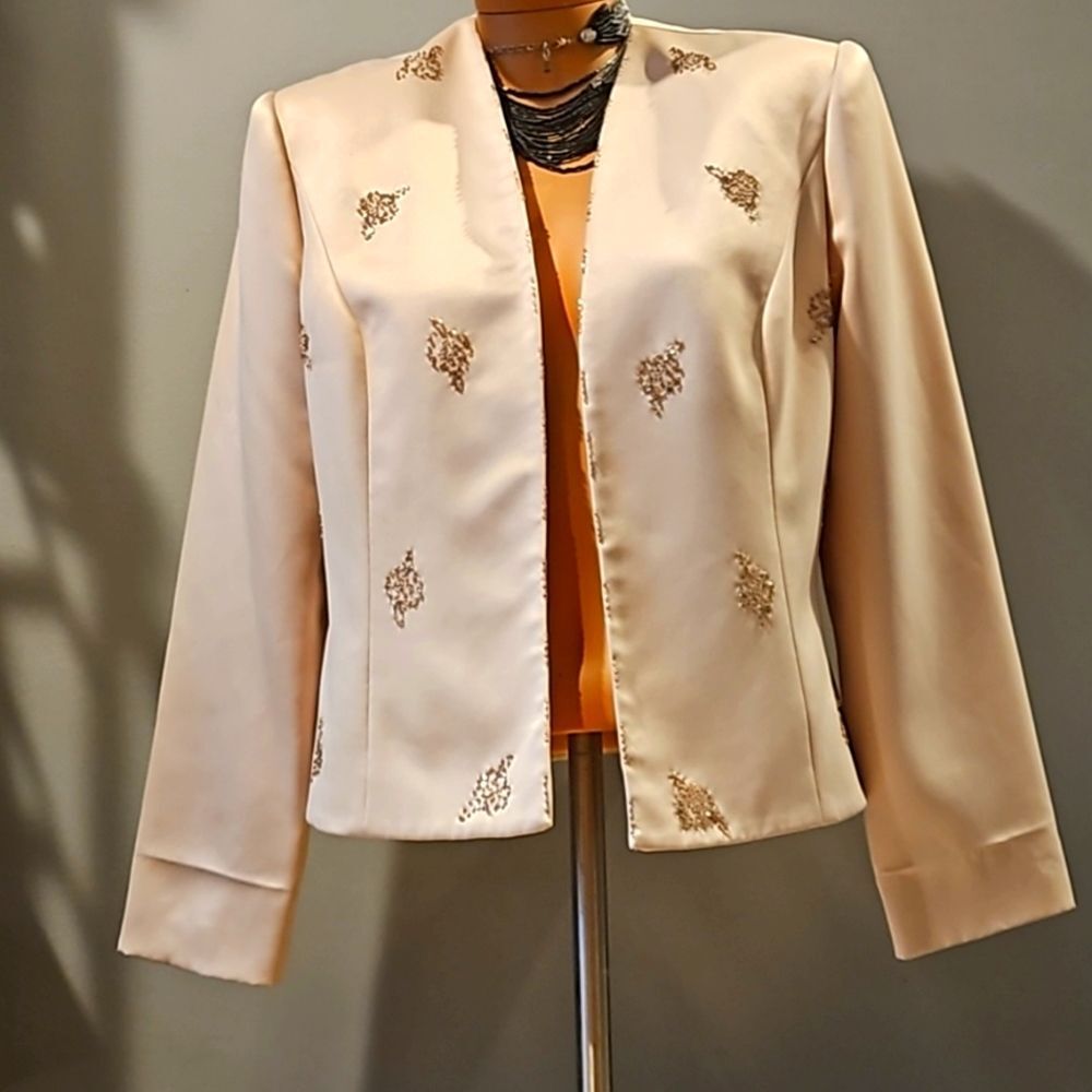 Vintage 80's Karen Miller NY 2 Piece Neutral Sequined Cocktail Dress Jacket 10